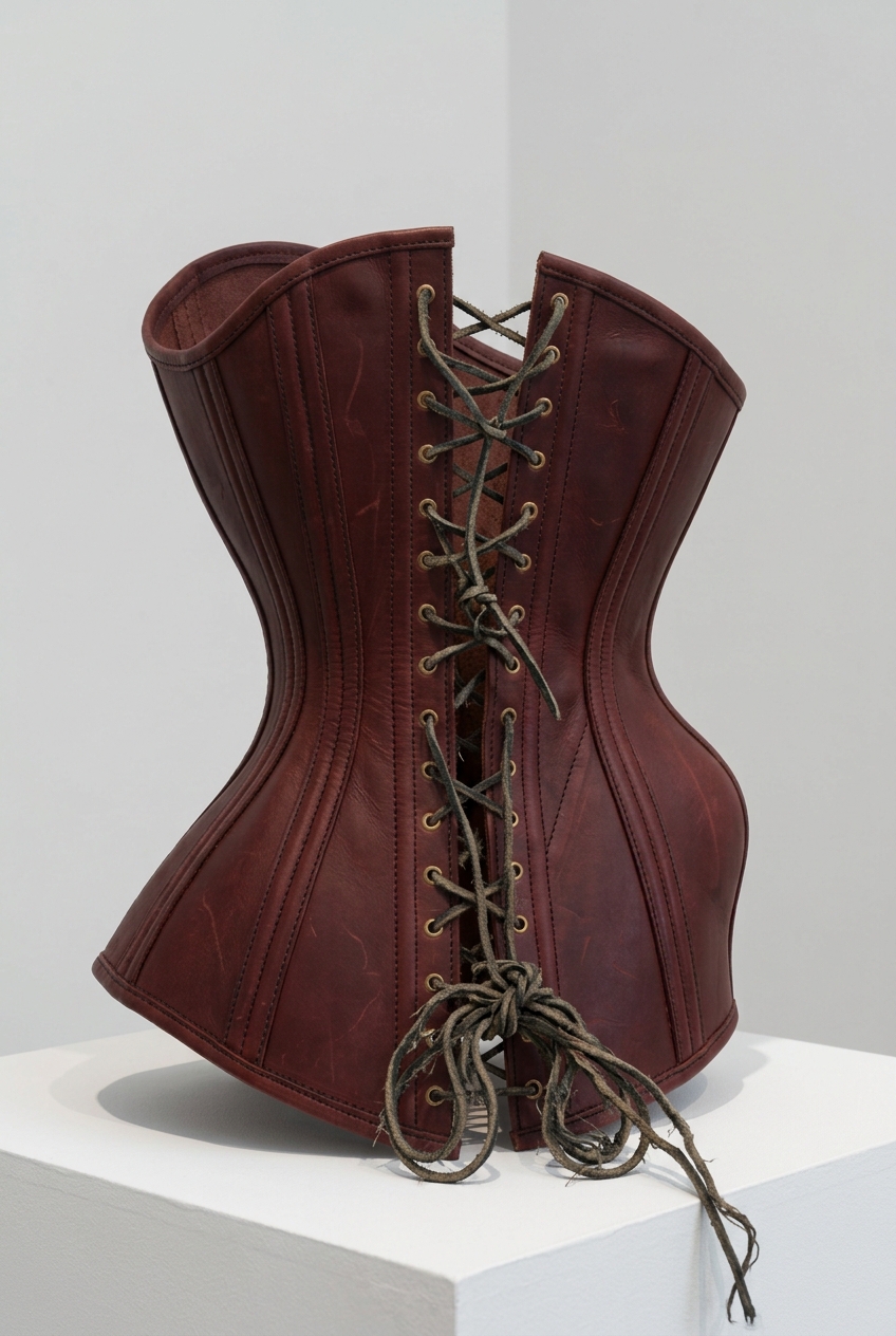 Corset for a Person Who Doesn't Want One: a stiff oxblood leather corset standing empty on a white plinth, seen from behind. Its shape is lopsided, pinched hard at one side of the waist and bulging at the other hip, with the back laced tight and still open.