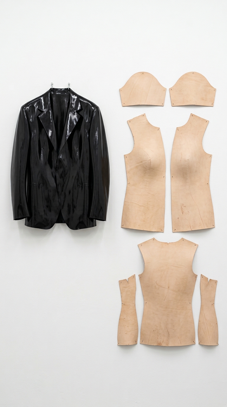 Fitting: a black high-gloss latex jacket hangs flat and empty from two wall hooks. Beside it, seven pale leather pattern pieces are pinned to the wall, each curved outward where it was moulded over a body.
