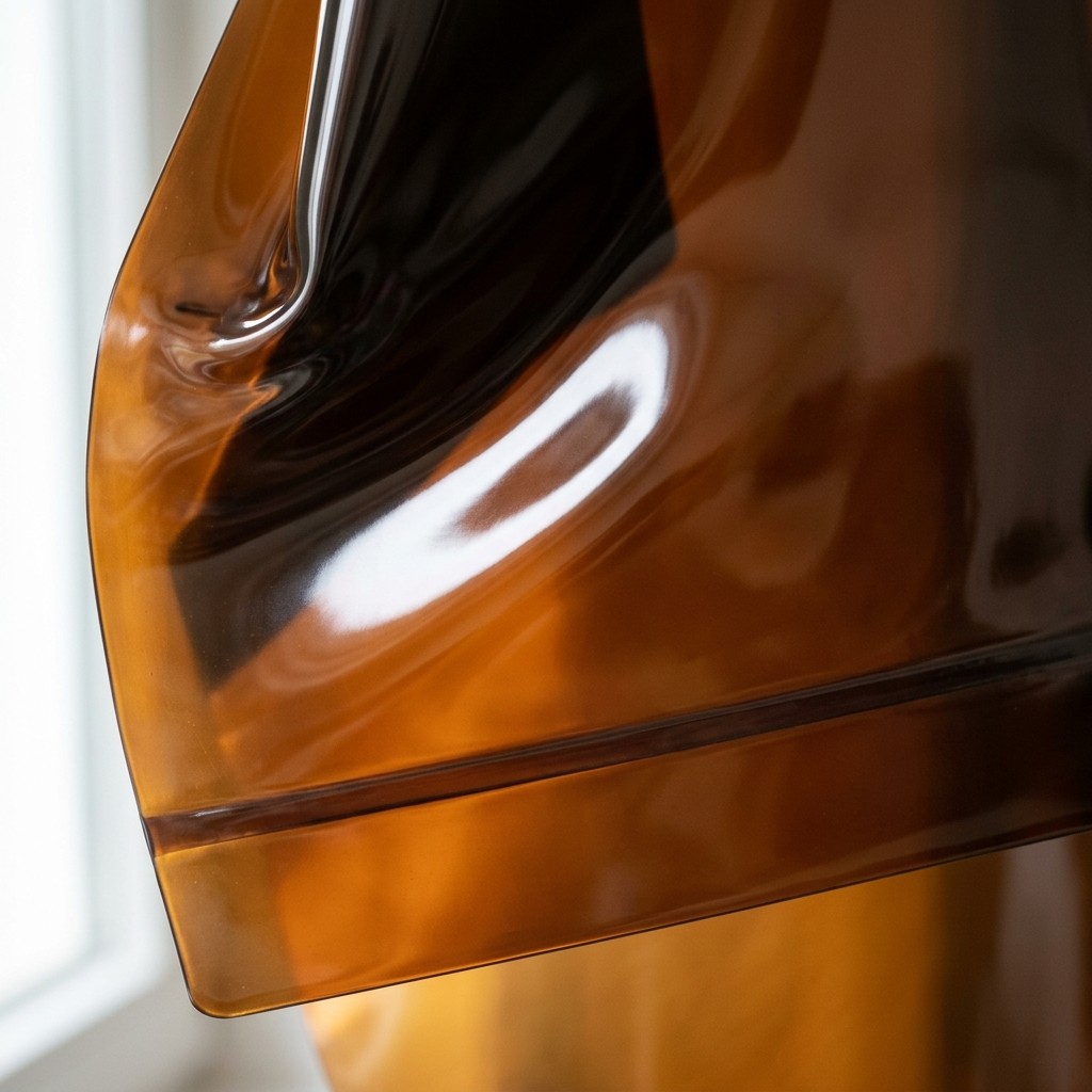 Close-up of translucent amber natural latex sheet, mirror-polished, with a window highlight bending across its curve and a single faint glued lap seam.