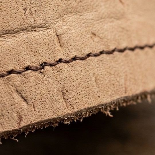 Close-up of rough undyed vegetable-tanned leather with a row of hand saddle-stitching in dark waxed linen and a raw, fibrous hand-cut edge.