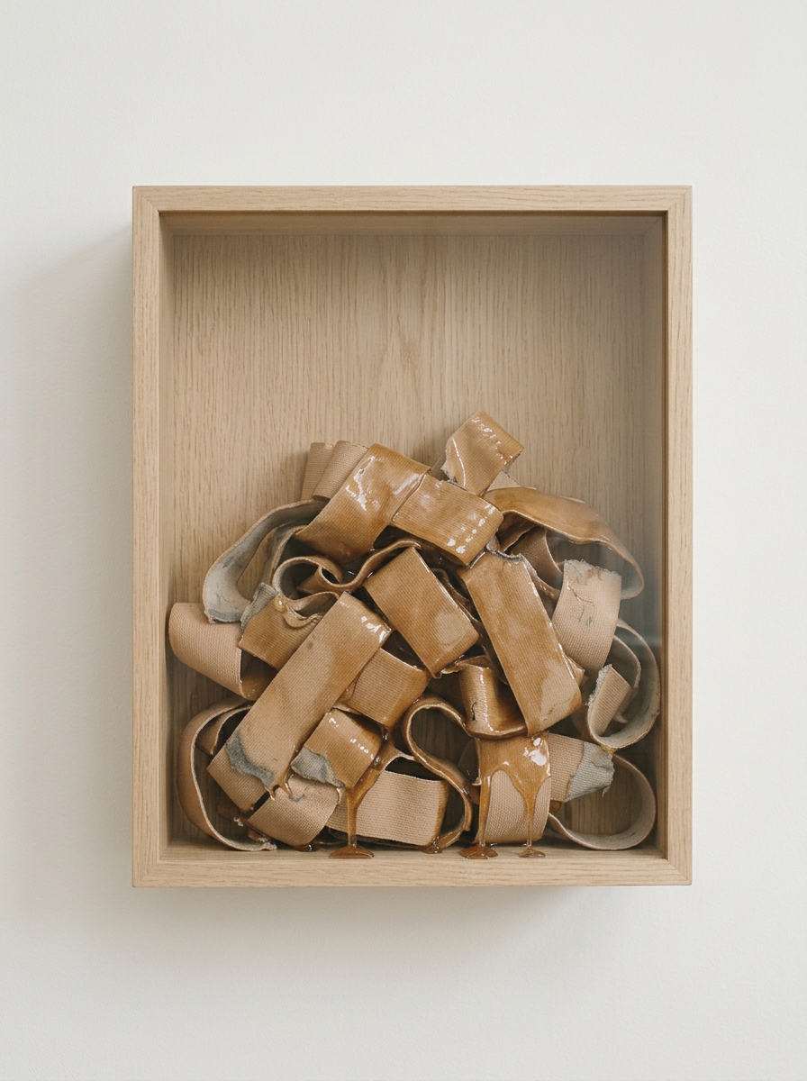 Reliquary (Binder): a shallow oak box with a glass front, holding a heap of used beige chest-binding tape strips, dipped in glossy amber latex that has dripped onto the oak floor of the box.