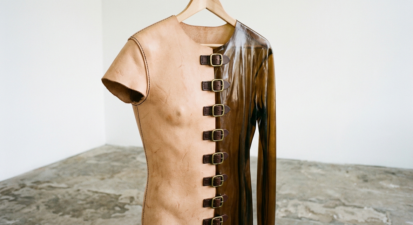 Second Skin, No. 4: a half-leather, half-latex torso on a wooden hanger. The leather half holds a body shape; the latex half hangs flat and collapsed, its long sleeve empty.